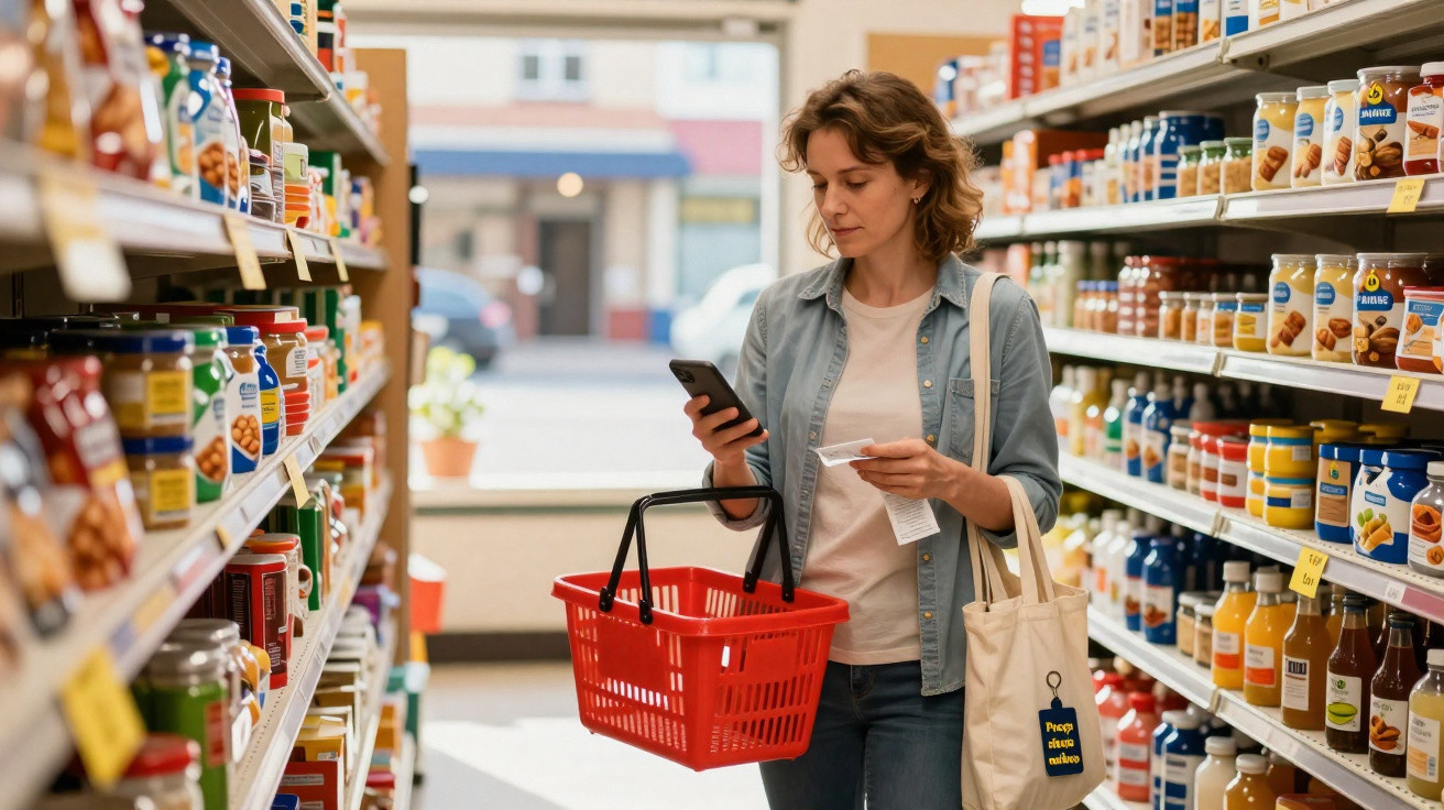 Woman holding shopping basket and phone while checking a receipt in a supermarket aisle.