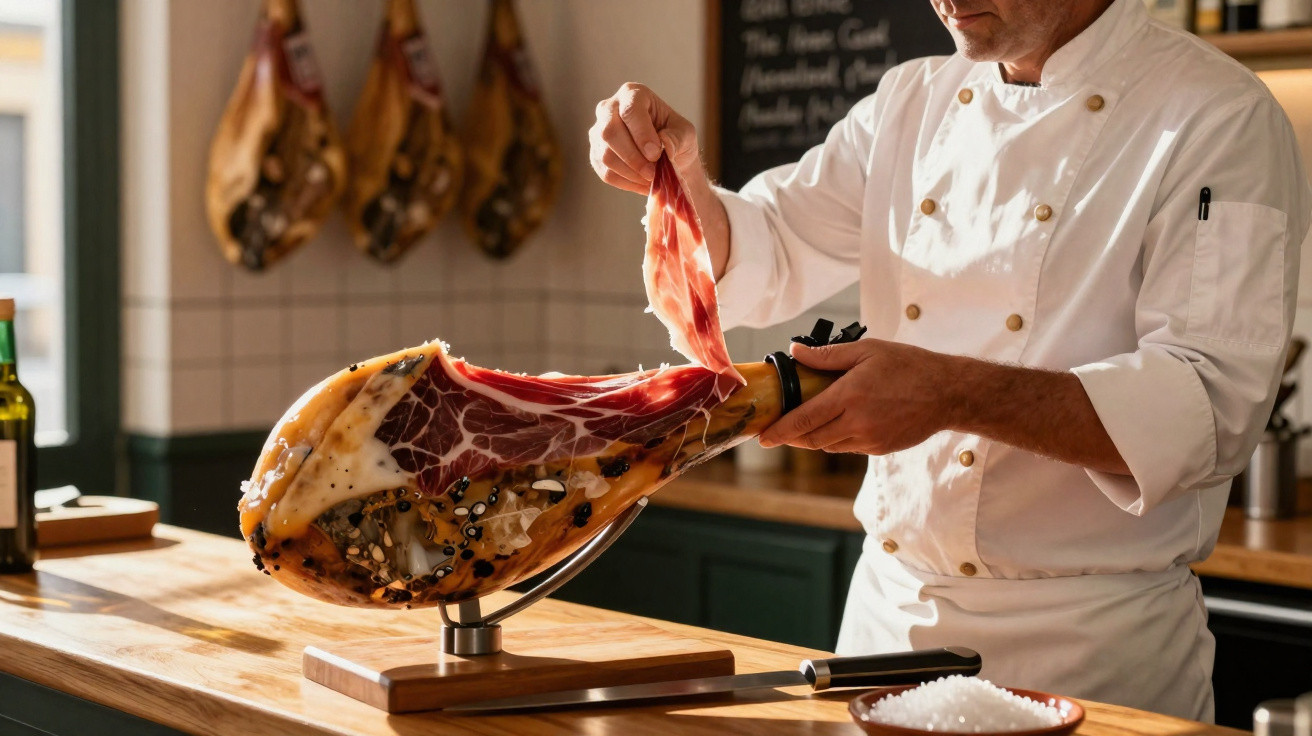 Chef slicing cured ham from a leg mounted on a wooden stand in a kitchen setting.