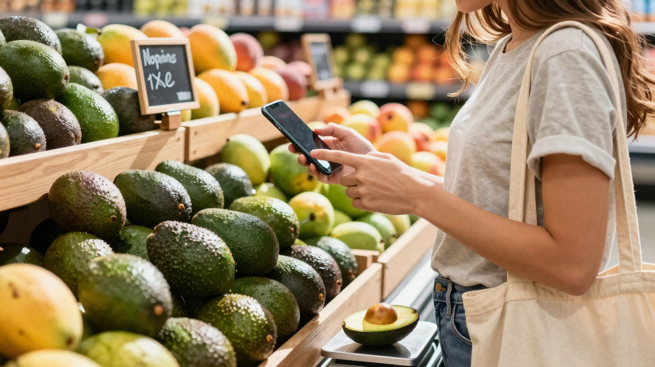 Woman using smartphone while shopping for avocados in a grocery store with a reusable tote bag over her shoulder.