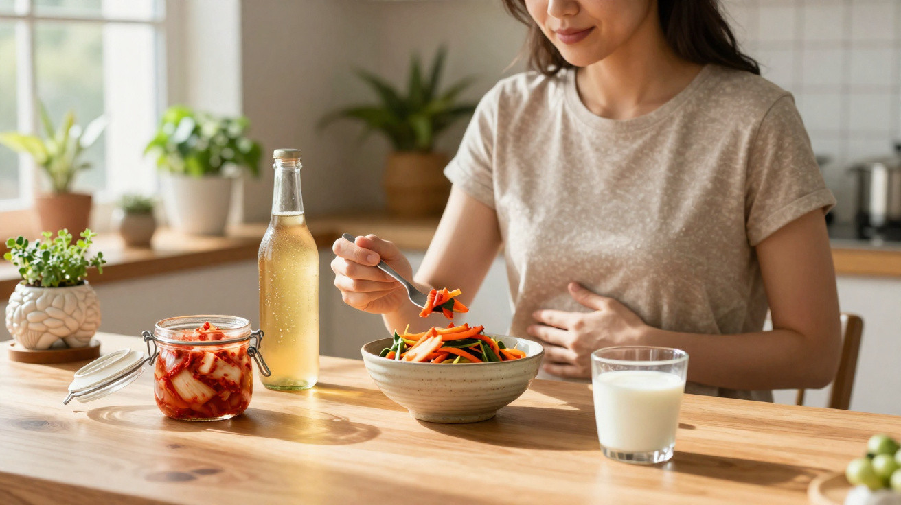 Woman holding stomach and eating a bowl of vegetables with kimchi, a drink, and a glass of milk on wooden table.