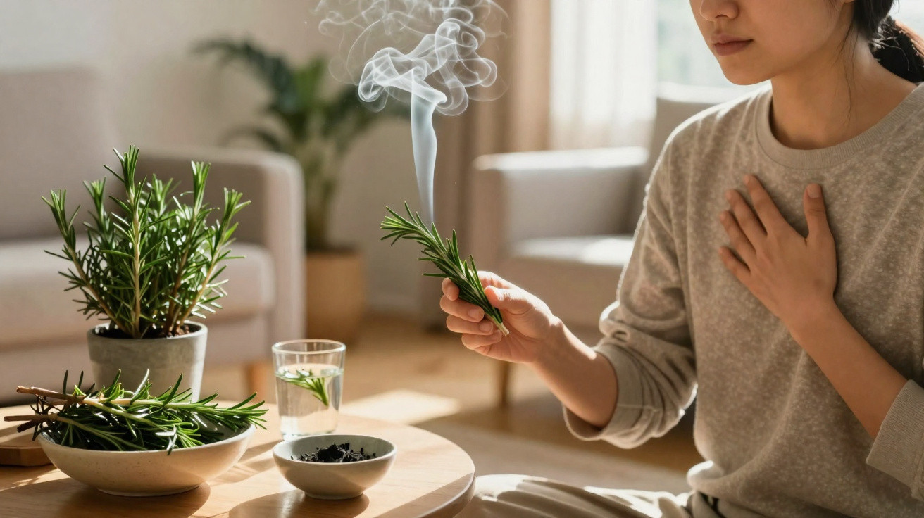 Person holding a smoking rosemary sprig near hand on chest with plants and water glass on table in living room