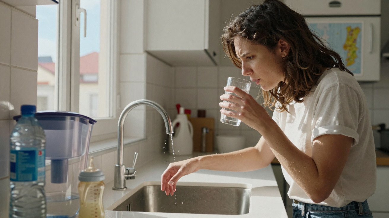 Woman drinking water from a glass in a bright kitchen near a running tap and baby bottle on the counter.