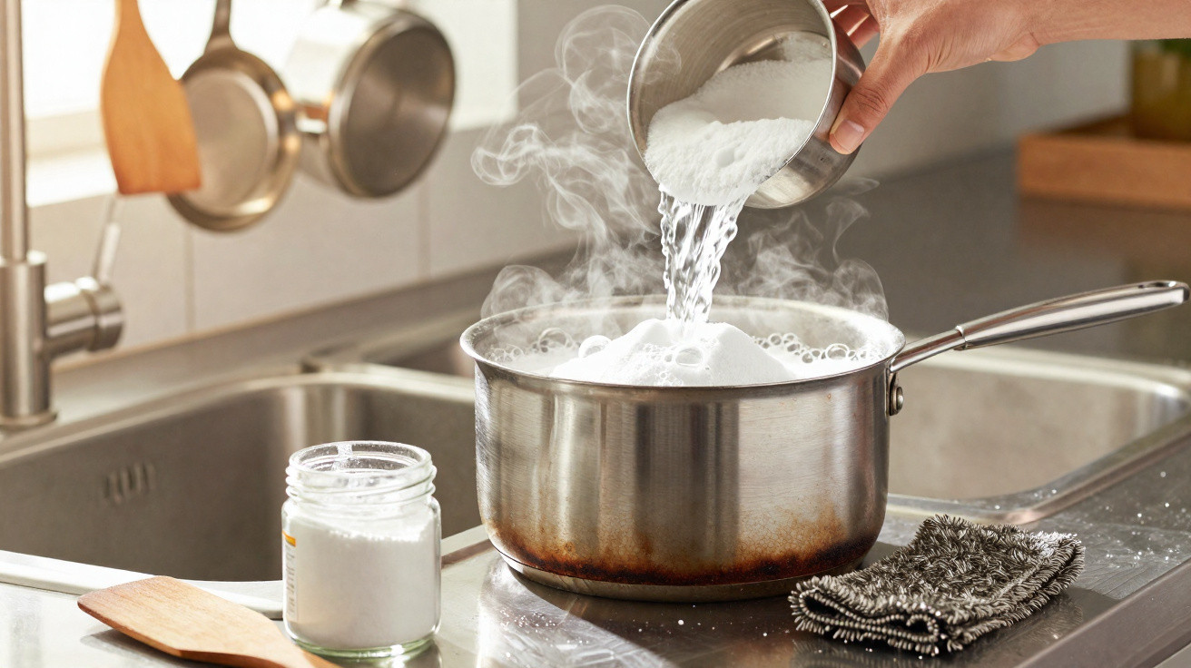 Steaming saucepan with boiling water on stovetop, person pouring white powder, kitchen utensils visible.