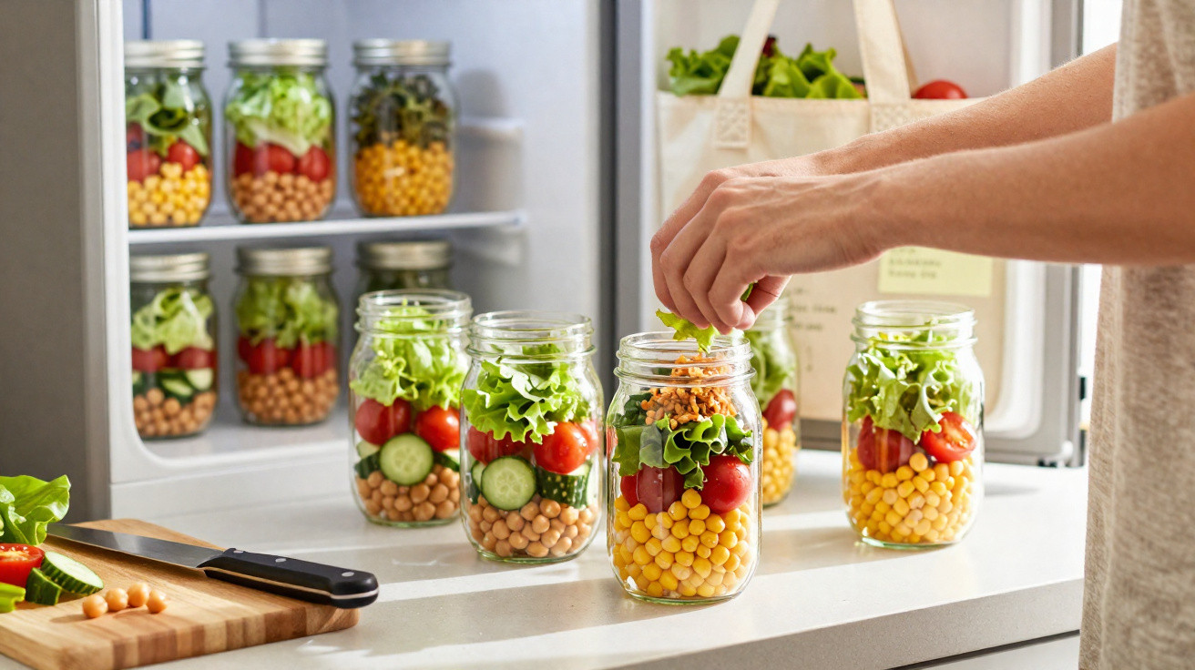 Person preparing healthy salad jars with chickpeas, cherry tomatoes, cucumber, lettuce, and corn on a kitchen counter.