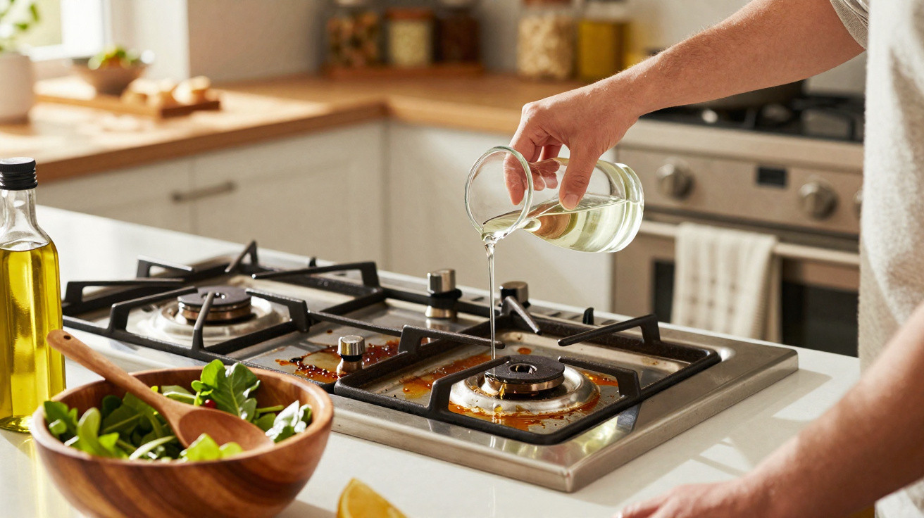 Person pouring cleaning liquid onto a dirty gas stove burner in a modern kitchen.