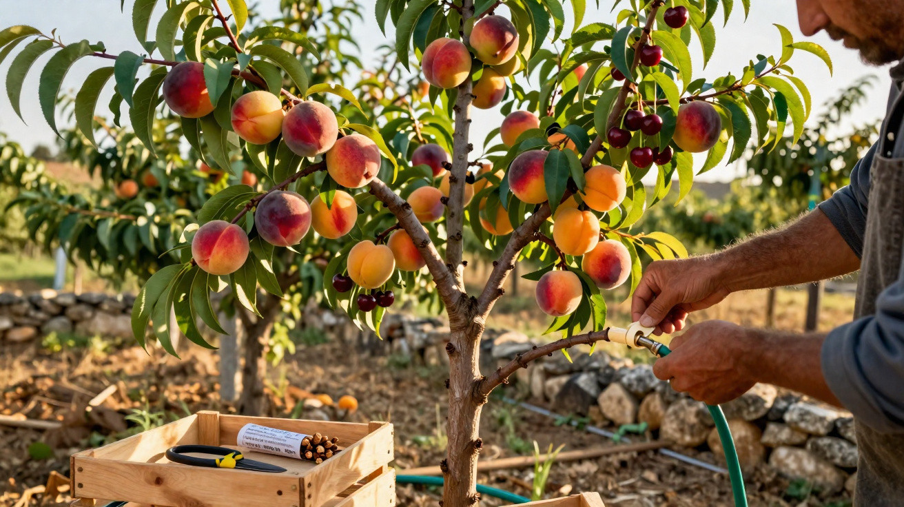 Person watering a ripe peach tree in a garden with a wooden crate of gardening tools nearby.