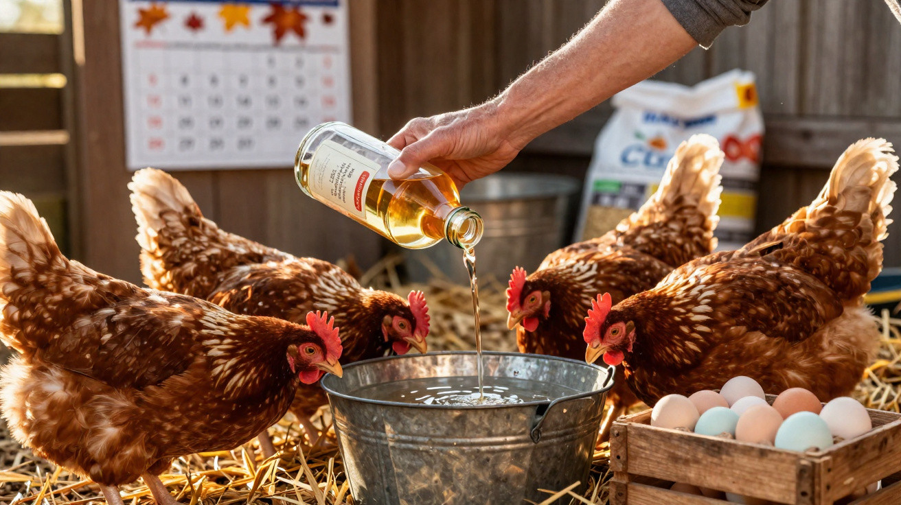 Hand pouring liquid into metal bucket as four brown hens drink near a crate of multicoloured eggs on straw.