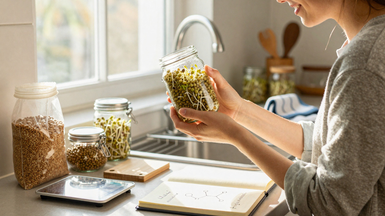 Person holding a jar of sprouting green mung beans in a bright kitchen near a window.