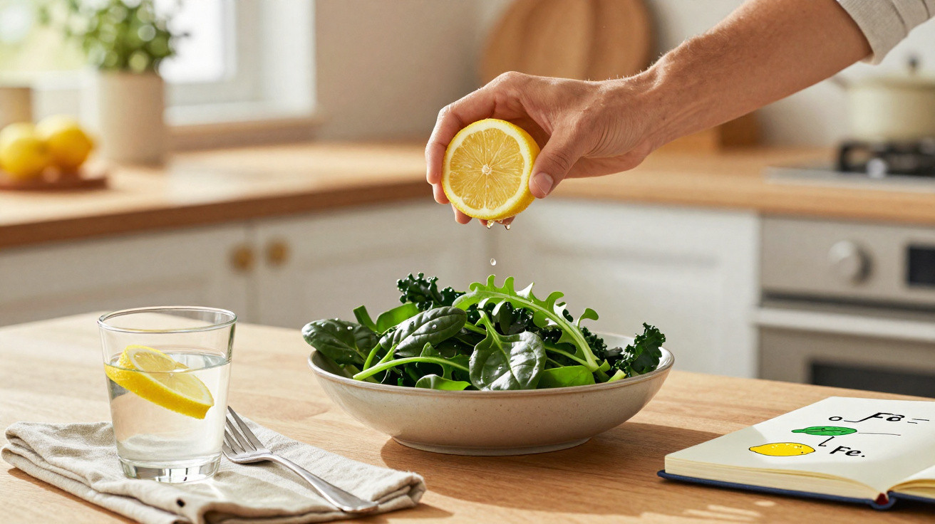 Hand squeezing lemon over fresh green salad on wooden kitchen table with lemon water nearby and open book.