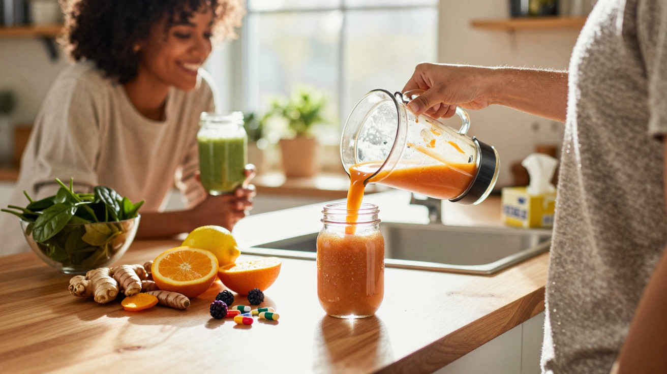 Person pouring orange smoothie into jar in kitchen with fresh fruits and vegetables on table