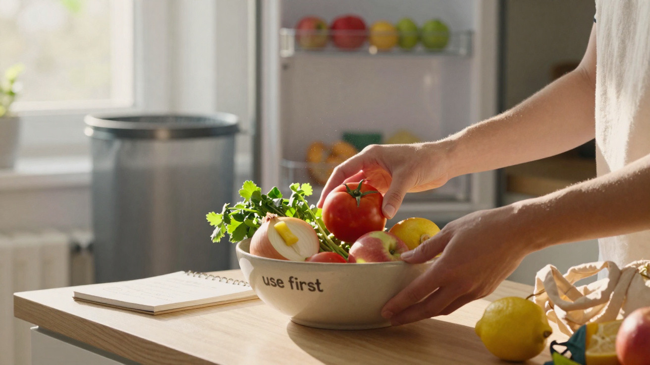 Person placing a tomato into a bowl of fresh fruits and vegetables labelled "use first" on a kitchen counter.