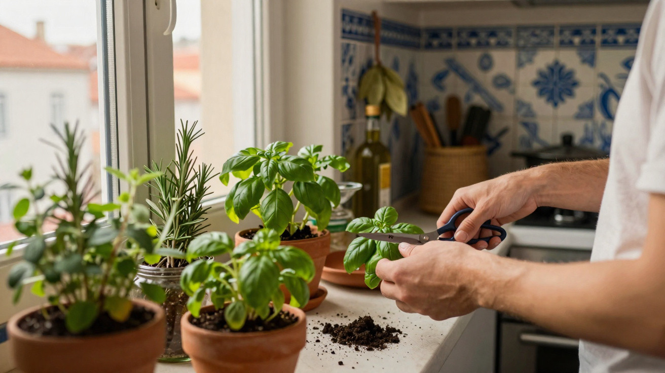 Person trimming fresh herbs from potted plants on a kitchen windowsill with gardening scissors.