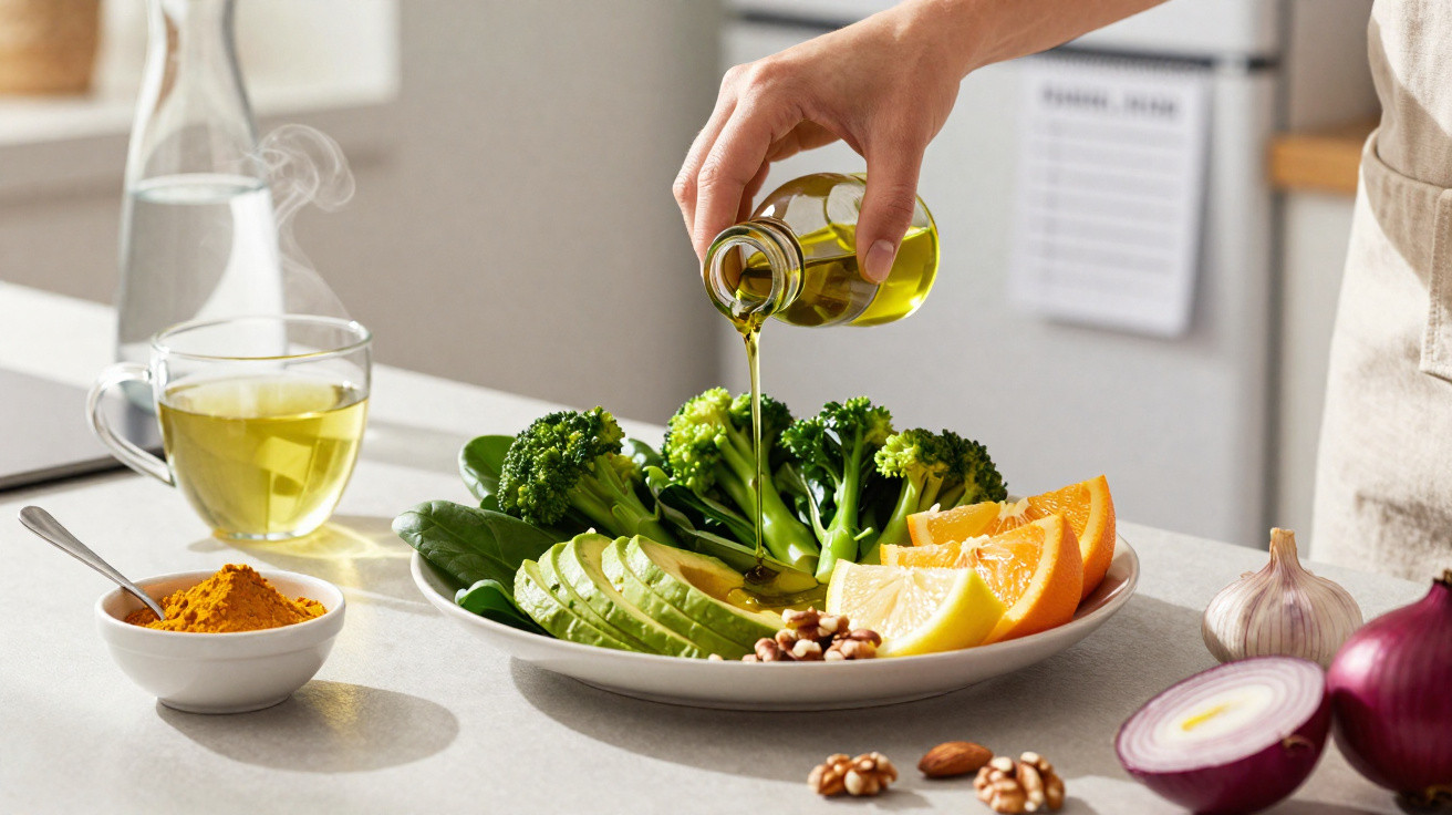 Hand pouring olive oil over a plate of broccoli, avocado, orange slices, lemon, and nuts on a kitchen counter.