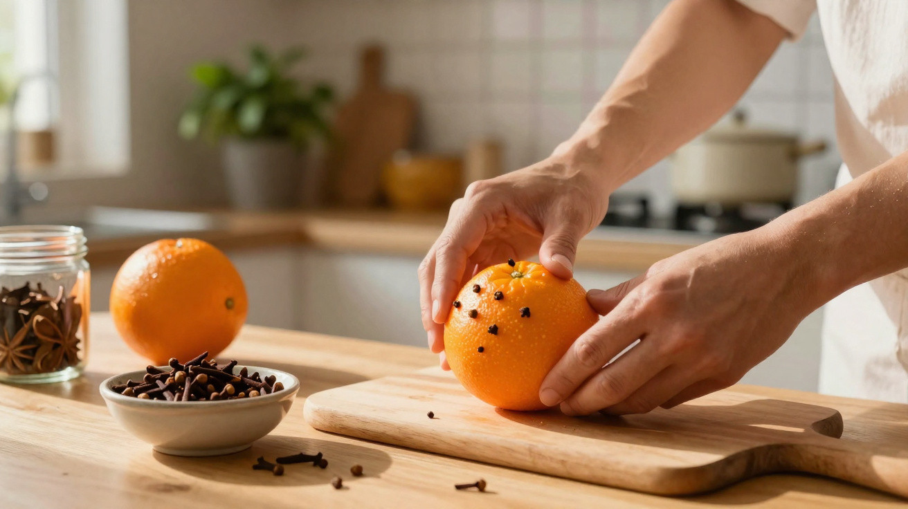 Hands placing cloves into an orange on a wooden board in a sunlit kitchen setting.
