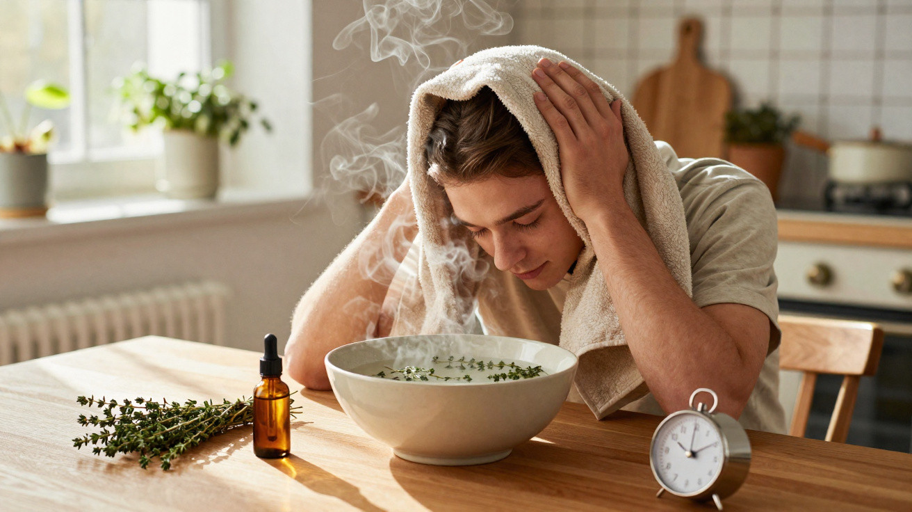 Young man with towel over head inhaling steam from bowl with herbs on wooden kitchen table.