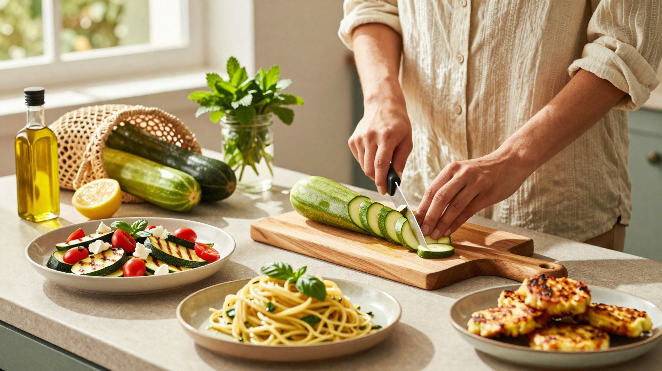 Person slicing zucchini on a cutting board with plates of pasta, salad, and grilled corn on a kitchen counter.