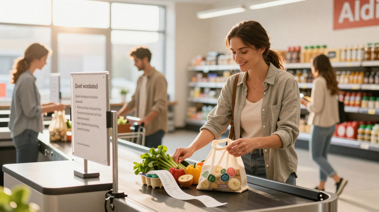 Woman packing groceries at a quiet checkout lane in a well-lit supermarket.