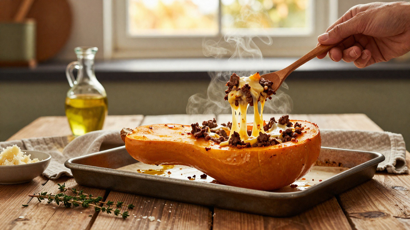 Hand holding wooden spoon lifting melted cheese and minced meat from baked stuffed butternut squash on tray