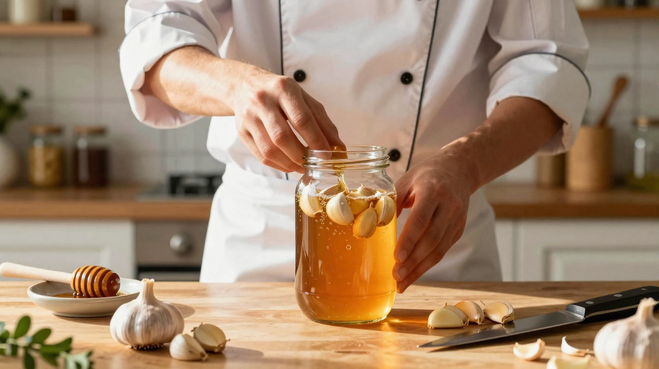 Chef placing garlic cloves into a jar of honey on a kitchen counter with garlic and a honey dipper nearby.