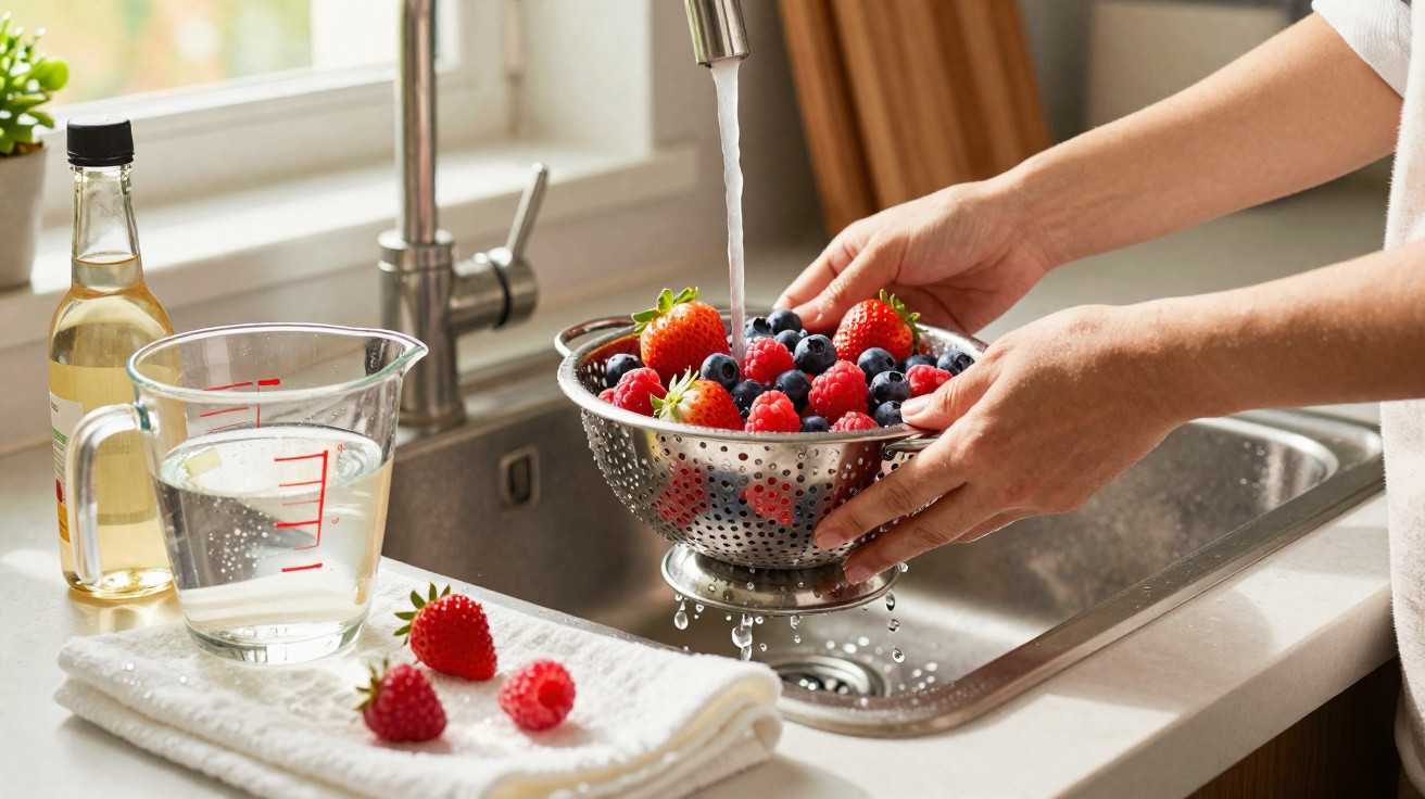 Hands rinsing mixed berries in a colander over a kitchen sink with a measuring jug and bottle nearby.