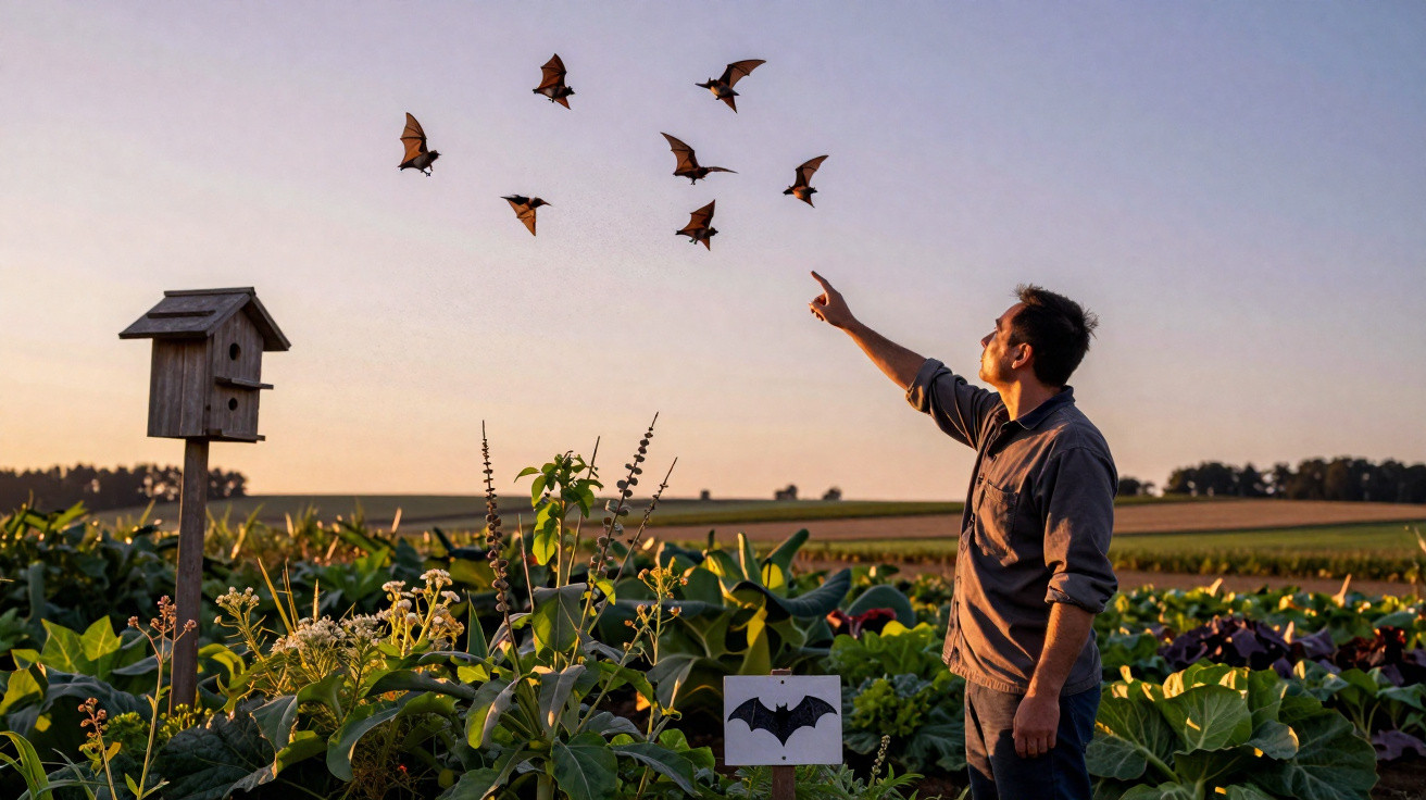 Man pointing at bats flying over a lush garden with a bat house and bat sign at sunset.