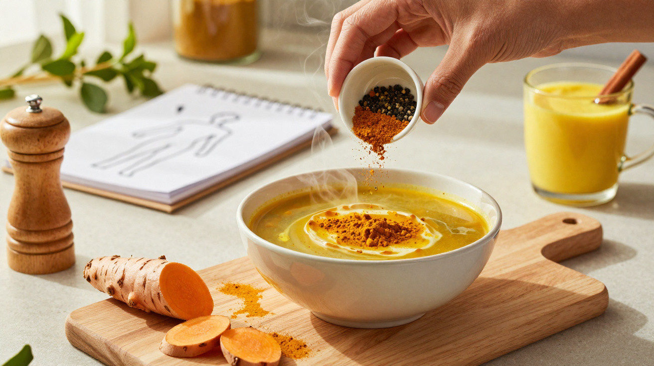 Hand sprinkling ground spices into steaming turmeric soup with sliced turmeric and turmeric latte nearby on a wooden board.