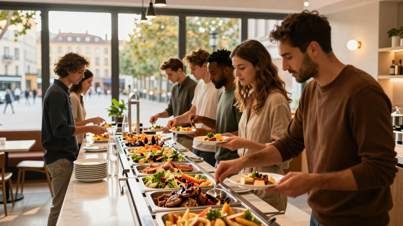 Diverse group of people serving themselves food from a buffet in a bright restaurant with large windows.