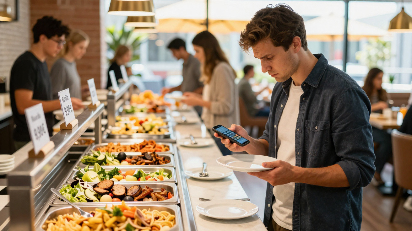 Man holding a plate and checking his phone while selecting food at a self-service buffet in a restaurant.