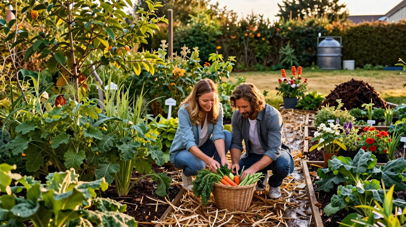 Couple harvesting fresh vegetables like carrots and lettuce in a vibrant community garden at sunset.