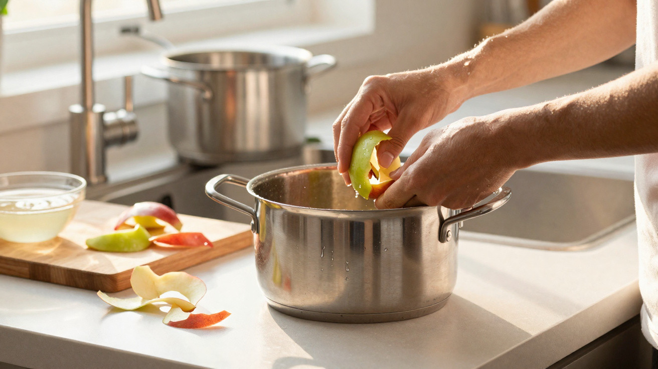 Person peeling green apple over a stainless steel pot on a kitchen counter with apple slices nearby.