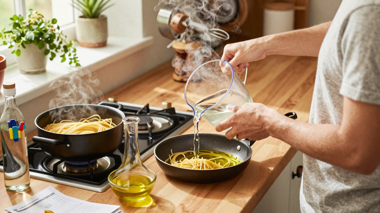 Person pouring water into a frying pan with spaghetti beside a boiling pot on a stove in a kitchen.