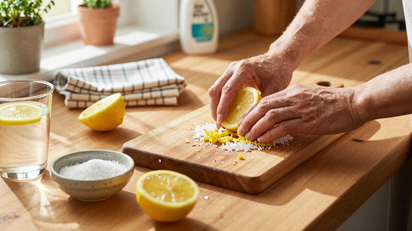 Hands squeezing lemon juice onto chopped lemon zest and coarse salt on a wooden chopping board in a kitchen.