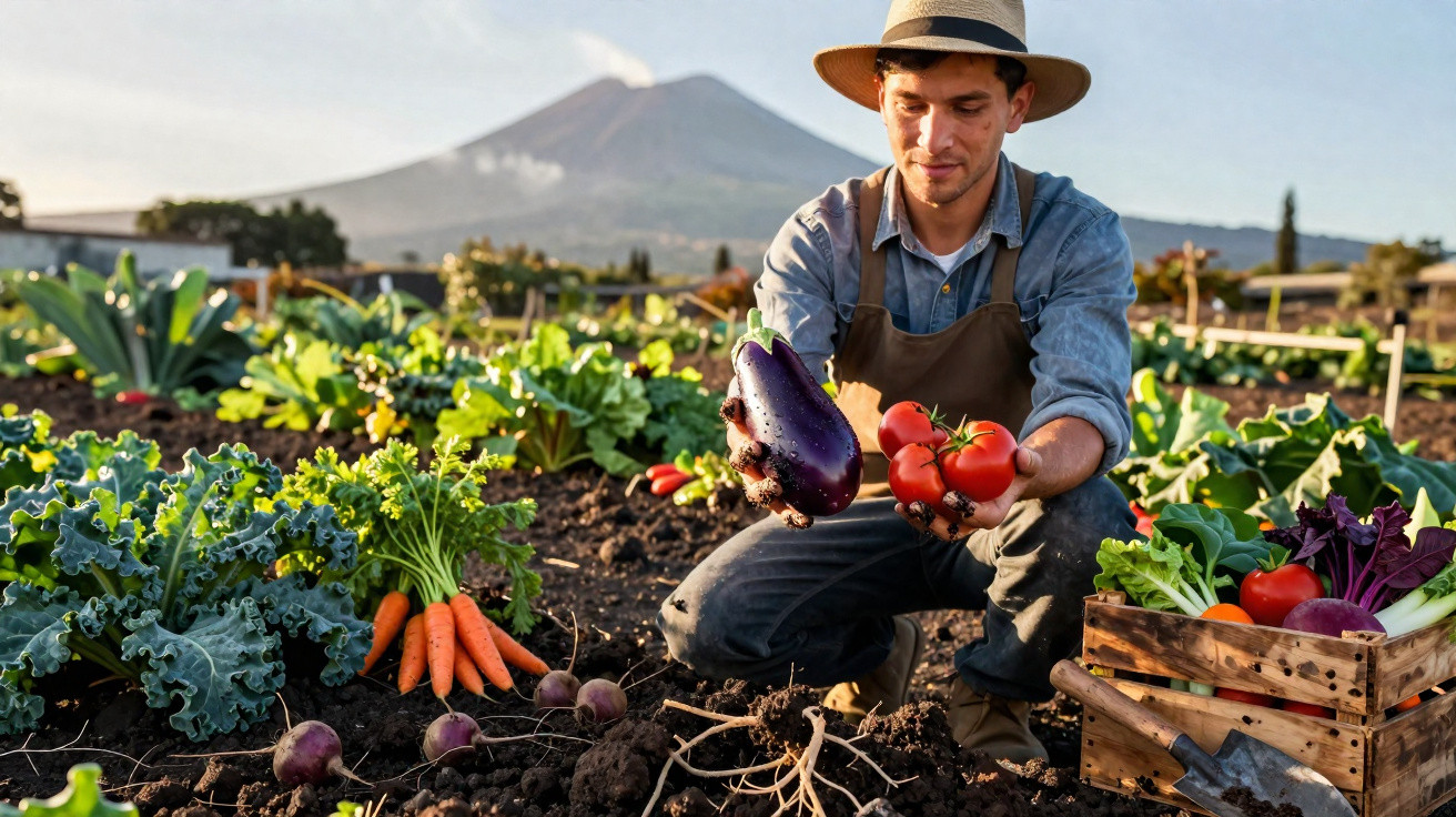 Farmer in hat holding freshly harvested eggplant and tomatoes in a vibrant vegetable garden with mountain backdrop.