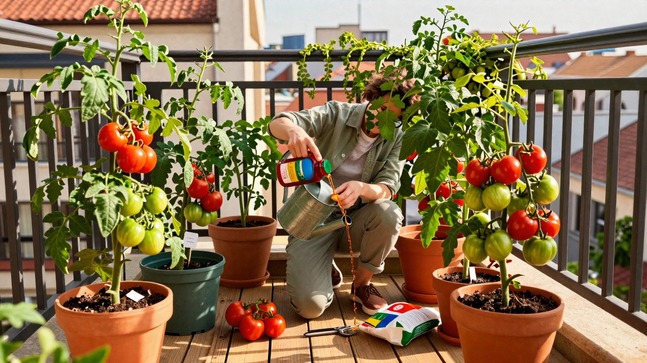 Person watering tomato plants growing in pots on a sunlit balcony with buildings in the background.