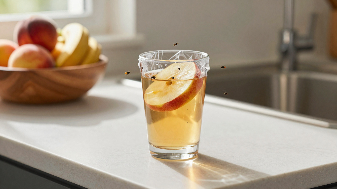 Glass of apple juice with a slice of apple covered with cling film, attracting small flying insects on a kitchen counter.