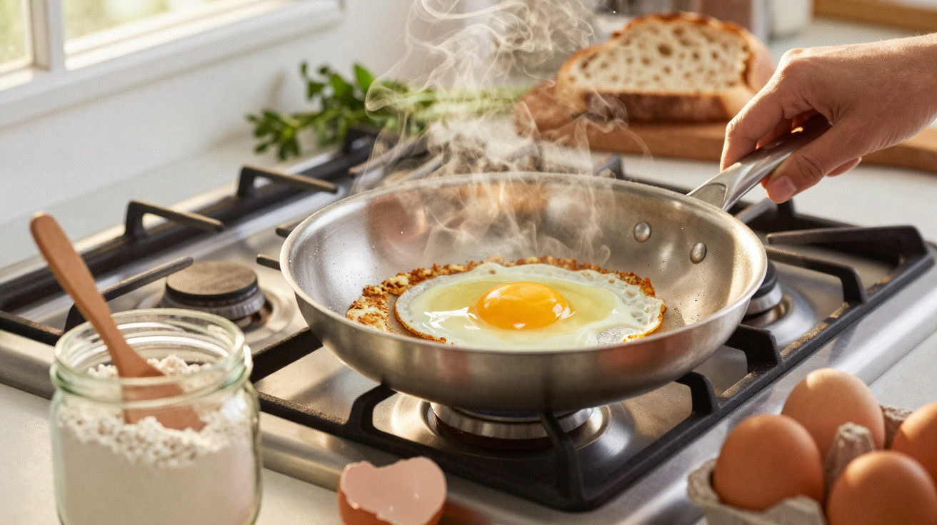 Hand frying a sunny-side-up egg in a pan on a gas stove with bread and eggs nearby.