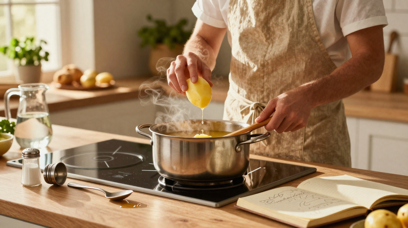 Person in apron squeezing lemon into steaming pot on stove in a cosy, sunlit kitchen with recipe book nearby.
