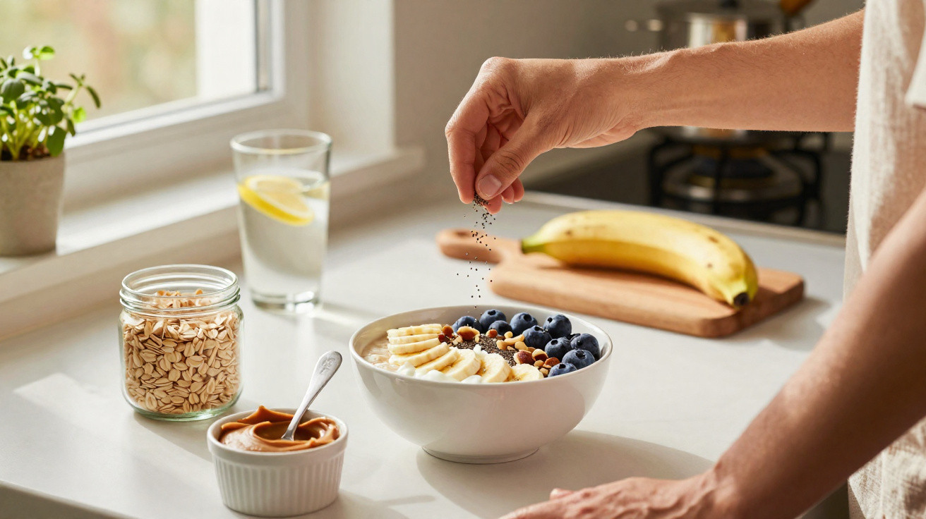 Hand sprinkling seeds on a bowl of porridge topped with banana slices, blueberries, and nuts on a kitchen counter.
