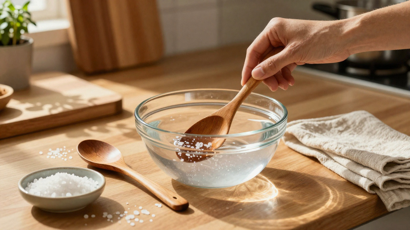 Hand stirring coarse salt dissolved in water in a clear glass bowl on a wooden kitchen countertop.