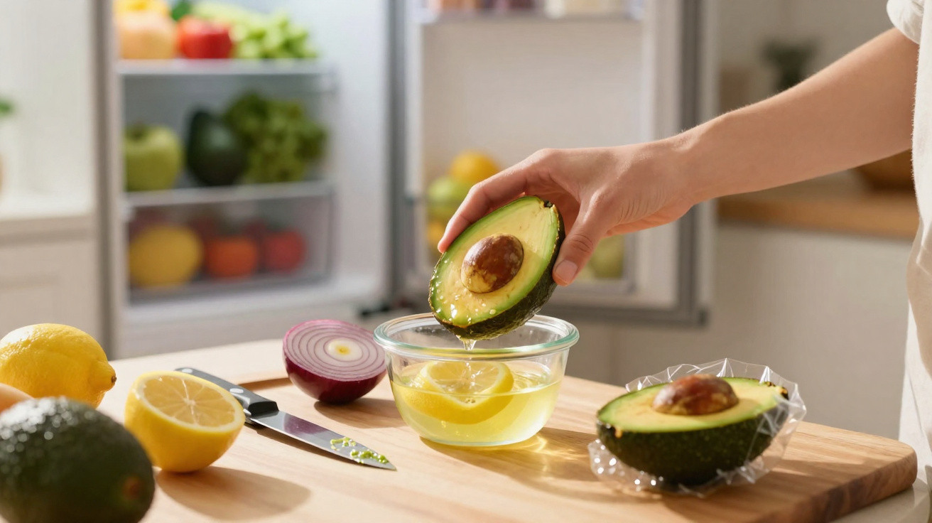 Hand holding half an avocado dripping juice into a bowl with lemon slices on a kitchen counter.