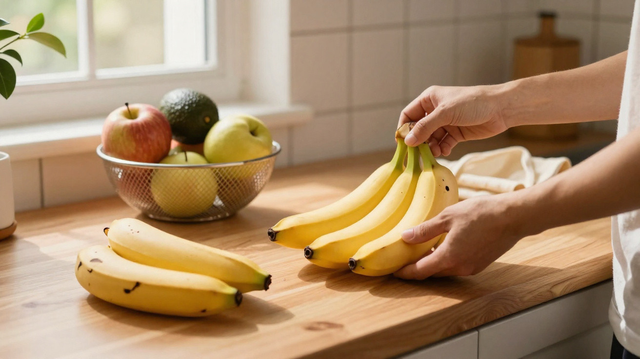 Person placing a bunch of bananas on a wooden kitchen countertop with a fruit bowl in the background.