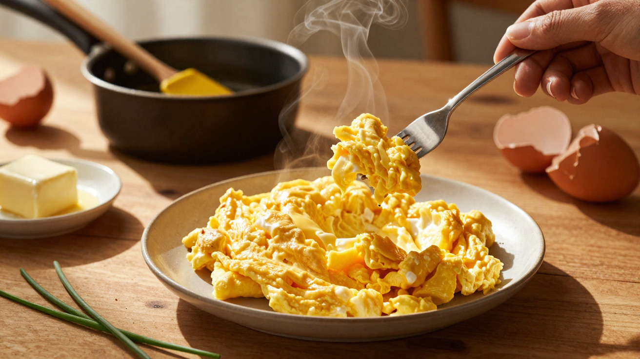 Steaming scrambled eggs on a plate with a fork, butter, chives, and eggshells on a wooden table.