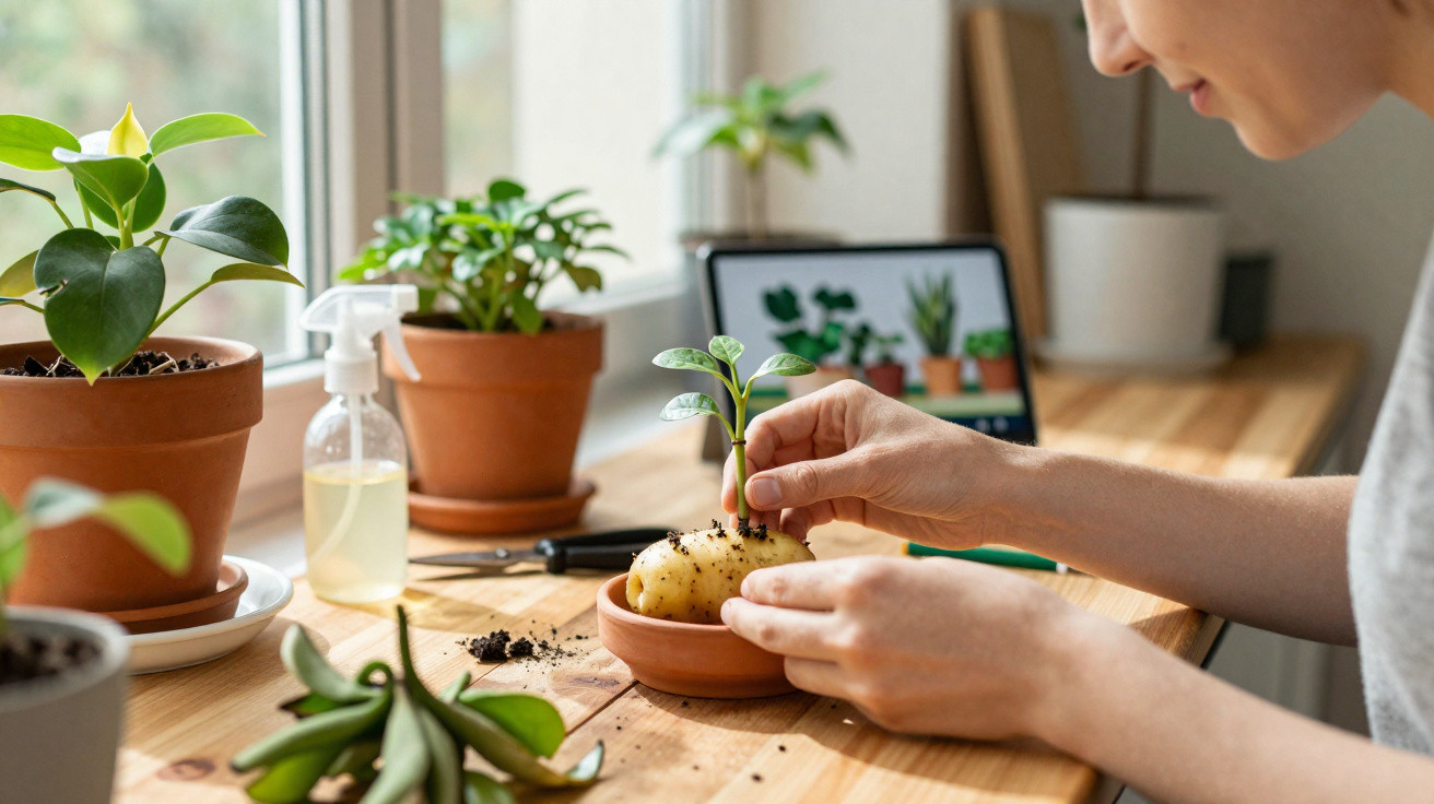 Person planting a sprouting potato in a small pot on a wooden table by a window.