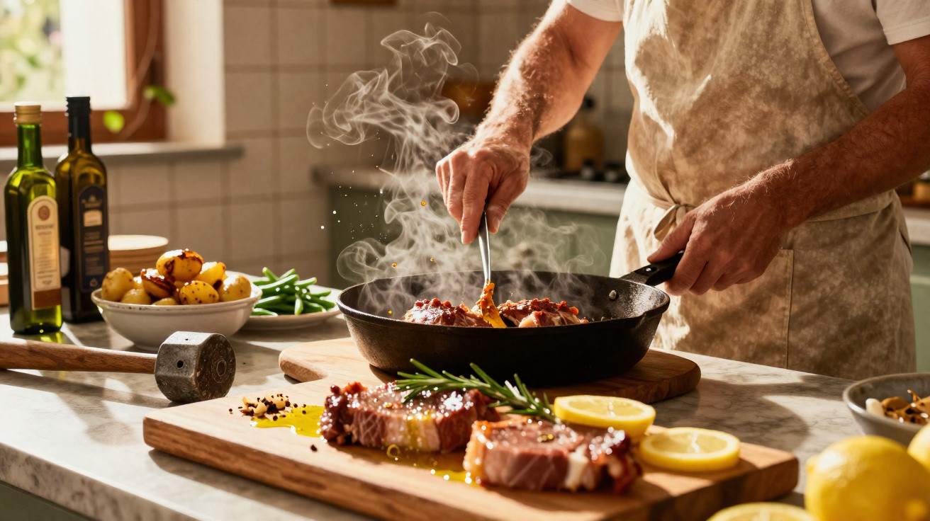 Person cooking steaming meat in a pan with seasoned steaks and lemon slices on a board in a sunlit kitchen.
