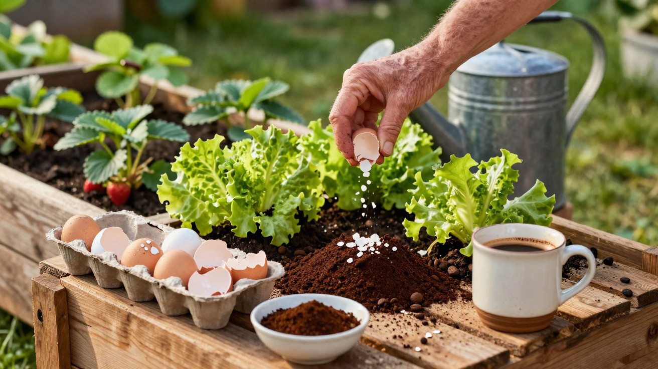 Hand sprinkling crushed eggshells onto soil in a wooden garden bed with lettuce, egg carton, coffee, and watering can nearby.