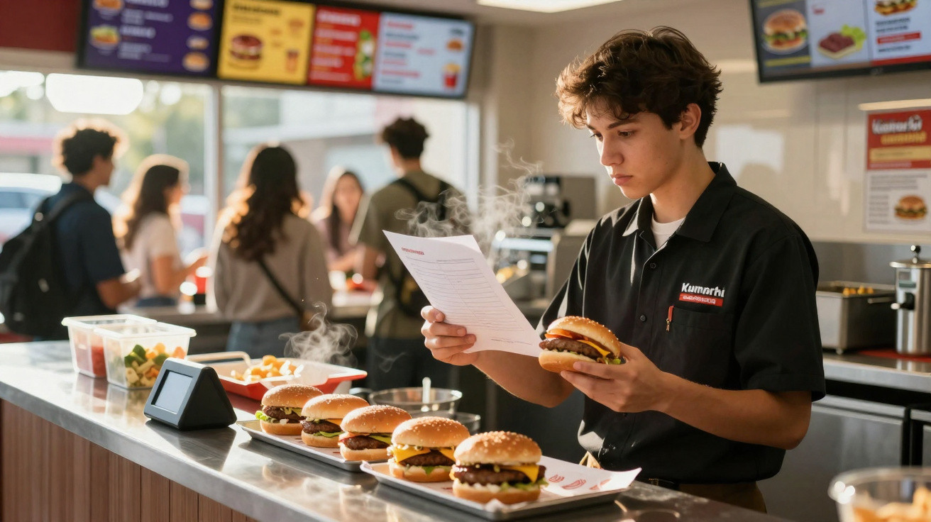 Young fast food worker checking order receipt while holding a freshly made cheeseburger behind counter.