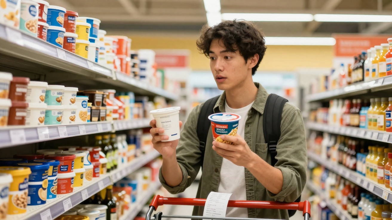 Young man comparing two dairy product containers while shopping in a supermarket aisle with shelves of groceries.