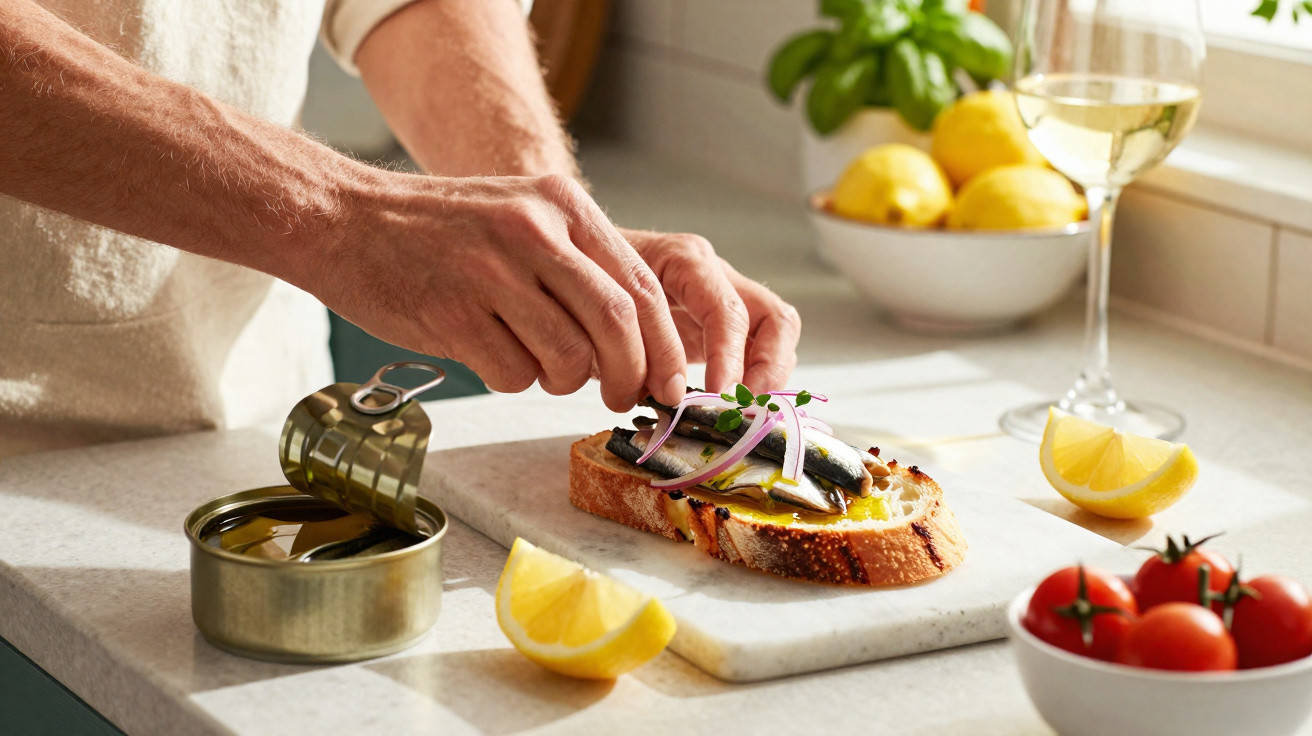 Person preparing open-faced sandwich with fish, red onion, lemon, and herbs on kitchen counter.