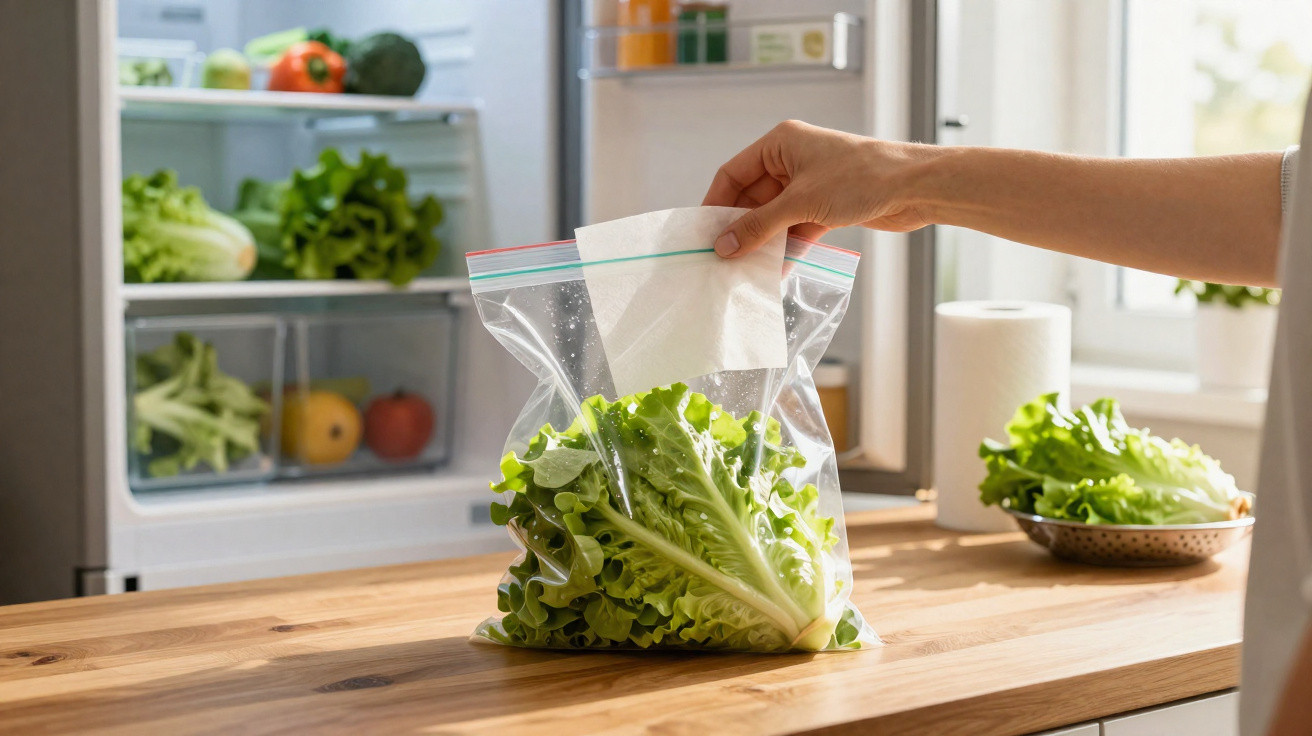 Hand placing a paper towel inside a plastic bag with lettuce on a wooden kitchen counter, fridge open in background.