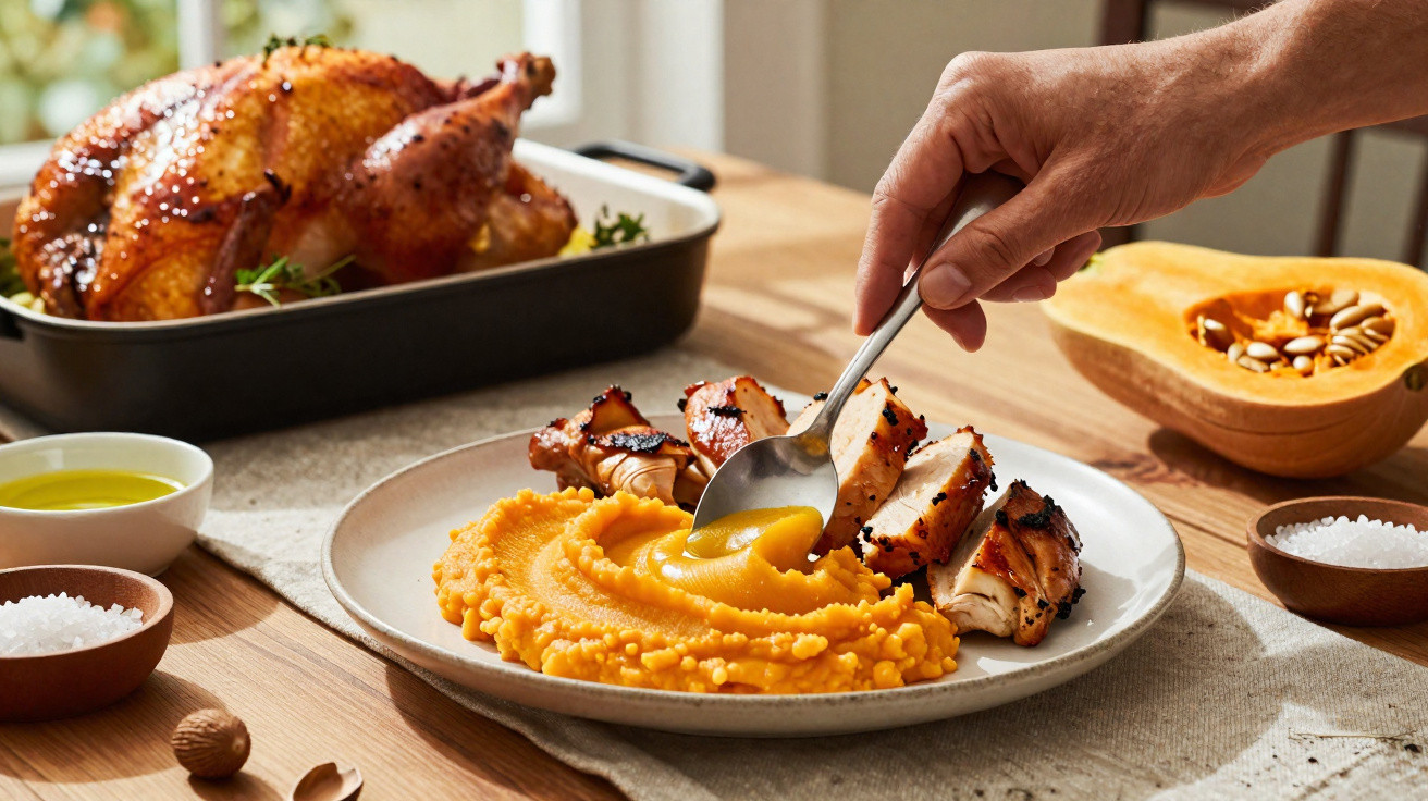 Plate of sliced roast chicken with mashed squash being served, whole roast chicken and halved squash in the background.